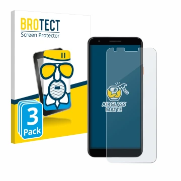 Parte frontal de un envase de producto con el logotipo de la marca BROTECT. Al lado se muestra el dispositivo Google Pixel 3a 