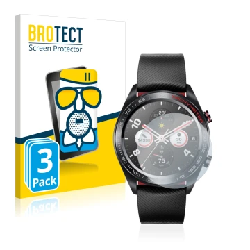 Parte frontal de un envase de producto con el logotipo de la marca BROTECT. Al lado se muestra el dispositivo Honor Watch Magi