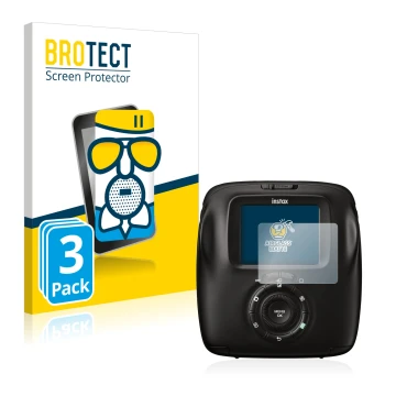 Parte frontal de un envase de producto con el logotipo de la marca BROTECT. Al lado se muestra el dispositivo Fujifilm Instax 