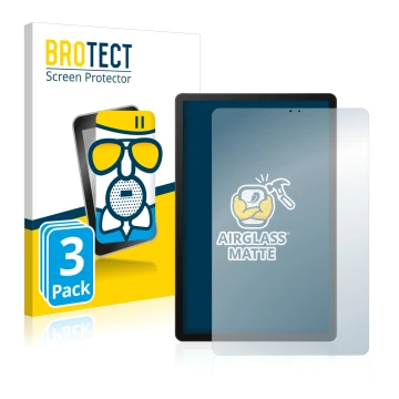 Parte frontal de un envase de producto con el logotipo de la marca BROTECT. Al lado se muestra el dispositivo Samsung Galaxy T