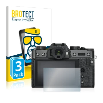 Parte frontal de un envase de producto con el logotipo de la marca BROTECT. Al lado se muestra el dispositivo Fujifilm X-T30 c