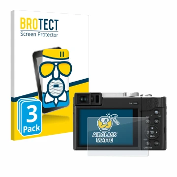 Parte frontal de un envase de producto con el logotipo de la marca BROTECT. Al lado se muestra el dispositivo Panasonic Lumix 