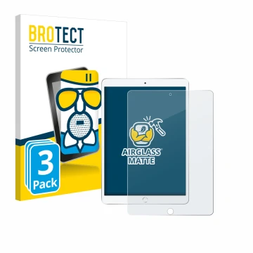 Parte frontal de un envase de producto con el logotipo de la marca BROTECT. Al lado se muestra el dispositivo Apple iPad Air 2