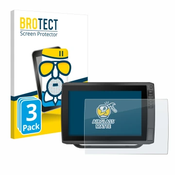 Parte frontal de un envase de producto con el logotipo de la marca BROTECT. Al lado se muestra el dispositivo Garmin ECHOMAP U