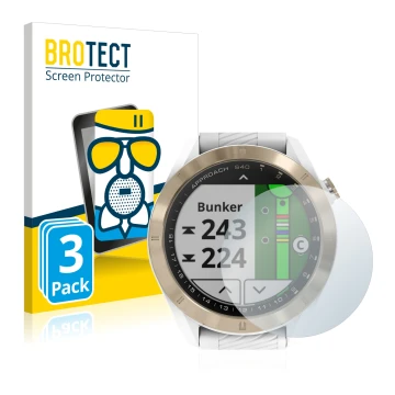 Parte frontal de un envase de producto con el logotipo de la marca BROTECT. Al lado se muestra el dispositivo Garmin Approach 