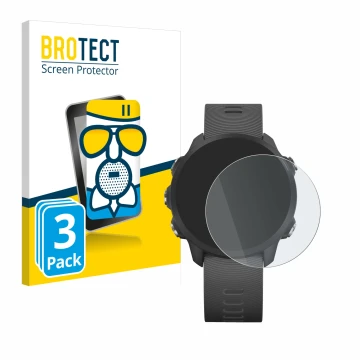 Parte frontal de un envase de producto con el logotipo de la marca BROTECT. Al lado se muestra el dispositivo Garmin Forerunne