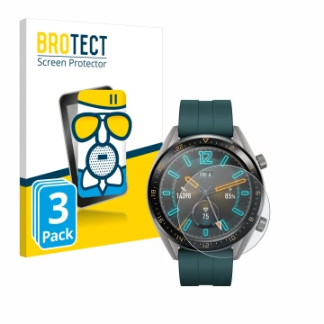Parte frontal de un envase de producto con el logotipo de la marca BROTECT. Al lado se muestra el dispositivo Huawei Watch GT 