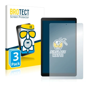 Parte frontal de un envase de producto con el logotipo de la marca BROTECT. Al lado se muestra el dispositivo Samsung Galaxy T