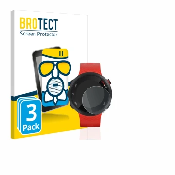 Parte frontal de un envase de producto con el logotipo de la marca BROTECT. Al lado se muestra el dispositivo Garmin Forerunne
