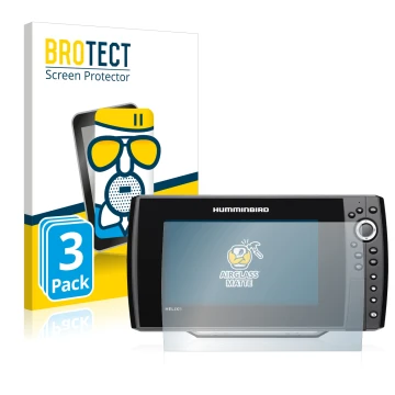 Parte frontal de un envase de producto con el logotipo de la marca BROTECT. Al lado se muestra el dispositivo Humminbird Helix