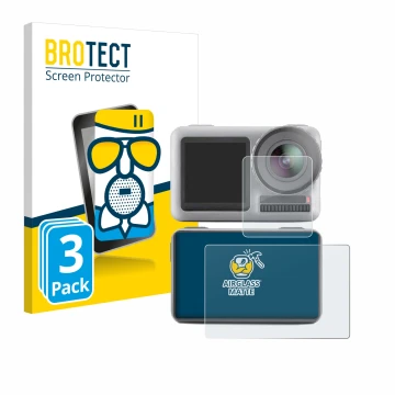 Parte frontal de un envase de producto con el logotipo de la marca BROTECT. Al lado se muestra el dispositivo DJI Osmo Action 