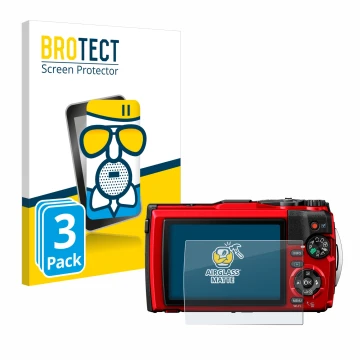 Parte frontal de un envase de producto con el logotipo de la marca BROTECT. Al lado se muestra el dispositivo Olympus Tough TG