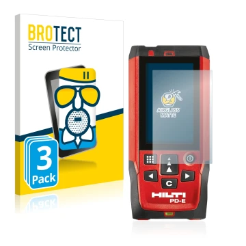 Parte frontal de un envase de producto con el logotipo de la marca BROTECT. Al lado se muestra el dispositivo Hilti PD-E con s