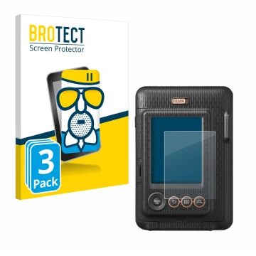 Parte frontal de un envase de producto con el logotipo de la marca BROTECT. Al lado se muestra el dispositivo Fujifilm Instax 