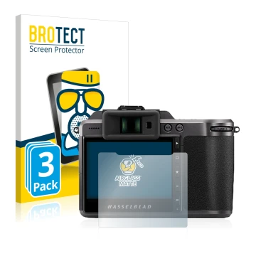 Parte frontal de un envase de producto con el logotipo de la marca BROTECT. Al lado se muestra el dispositivo Hasselblad X1D I