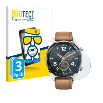 Parte frontal de un envase de producto con el logotipo de la marca BROTECT. Al lado se muestra el dispositivo Huawei Watch GT 