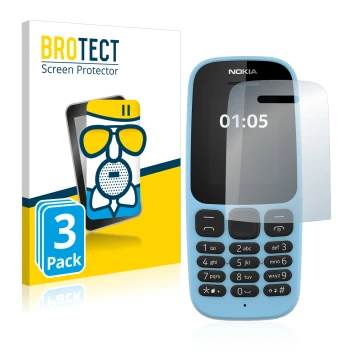 Parte frontal de un envase de producto con el logotipo de la marca BROTECT. Al lado se muestra el dispositivo Nokia 105 2019 c