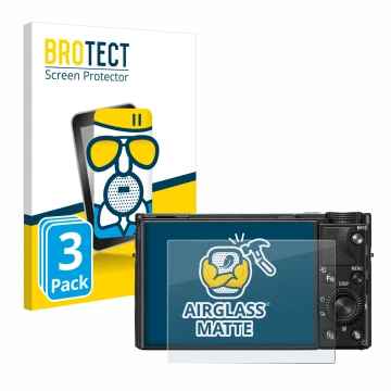 Parte frontal de un envase de producto con el logotipo de la marca BROTECT. Al lado se muestra el dispositivo Sony Cyber-Shot 