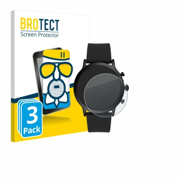 Parte frontal de un envase de producto con el logotipo de la marca BROTECT. Al lado se muestra el dispositivo Fossil The Carly
