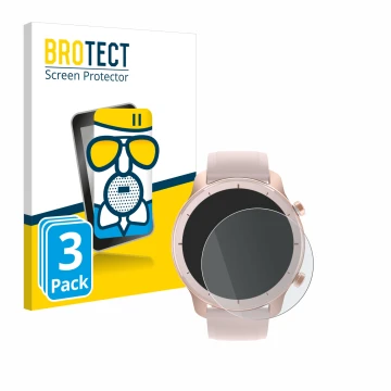 Parte frontal de un envase de producto con el logotipo de la marca BROTECT. Al lado se muestra el dispositivo Huami Amazfit GT