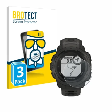 Parte frontal de un envase de producto con el logotipo de la marca BROTECT. Al lado se muestra el dispositivo Garmin Instinct 
