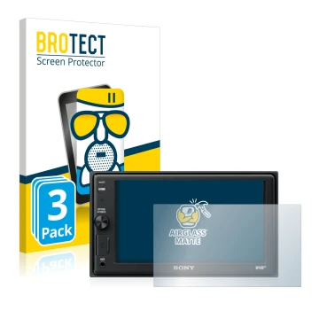 Parte frontal de un envase de producto con el logotipo de la marca BROTECT. Al lado se muestra el dispositivo Sony XAV-AX1005D