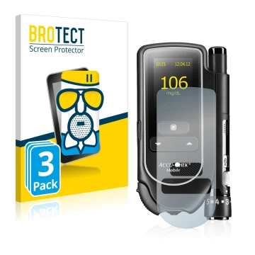 Parte frontal de un envase de producto con el logotipo de la marca BROTECT. Al lado se muestra el dispositivo Accu-Chek Mobile