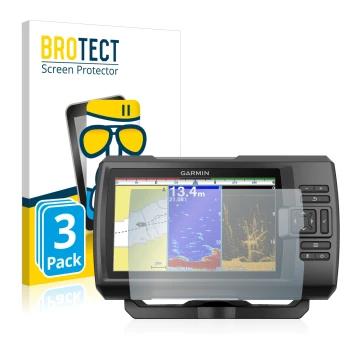 Parte frontal de un envase de producto con el logotipo de la marca BROTECT. Al lado se muestra el dispositivo Garmin Striker P