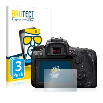 Parte frontal de un envase de producto con el logotipo de la marca BROTECT. Al lado se muestra el dispositivo Canon EOS 90D co