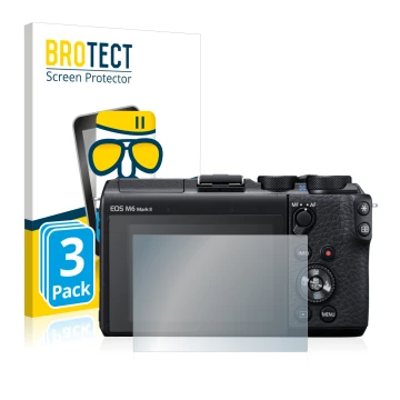 Parte frontal de un envase de producto con el logotipo de la marca BROTECT. Al lado se muestra el dispositivo Canon EOS M6 Mar