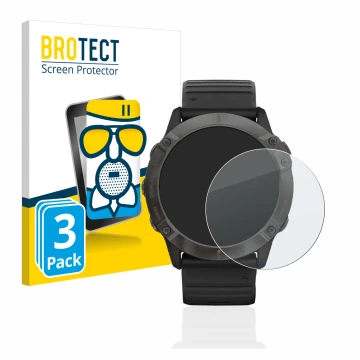 Parte frontal de un envase de producto con el logotipo de la marca BROTECT. Al lado se muestra el dispositivo Garmin Fenix 6X 