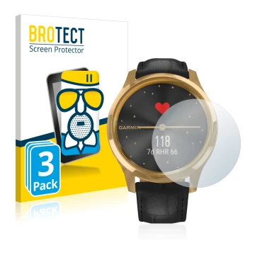 Parte frontal de un envase de producto con el logotipo de la marca BROTECT. Al lado se muestra el dispositivo Garmin vivomove 