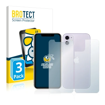 Parte frontal de un envase de producto con el logotipo de la marca BROTECT. Al lado se muestra el dispositivo Apple iPhone 11 