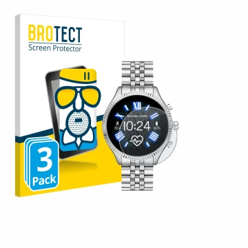 Parte frontal de un envase de producto con el logotipo de la marca BROTECT. Al lado se muestra el dispositivo Michael Kors Acc