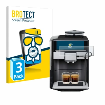 Parte frontal de un envase de producto con el logotipo de la marca BROTECT. Al lado se muestra el dispositivo Siemens EQ.6 plu