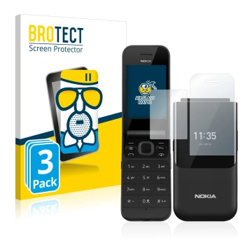 Parte frontal de un envase de producto con el logotipo de la marca BROTECT. Al lado se muestra el dispositivo Nokia 2720 Flip 