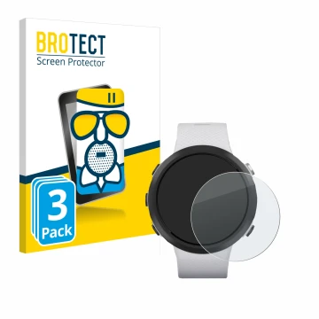 Parte frontal de un envase de producto con el logotipo de la marca BROTECT. Al lado se muestra el dispositivo Garmin Swim 2 co