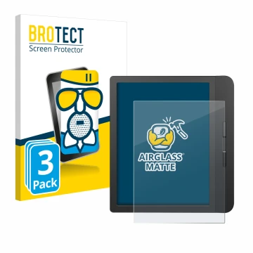 Parte frontal de un envase de producto con el logotipo de la marca BROTECT. Al lado se muestra el dispositivo Tolino Vision 5 