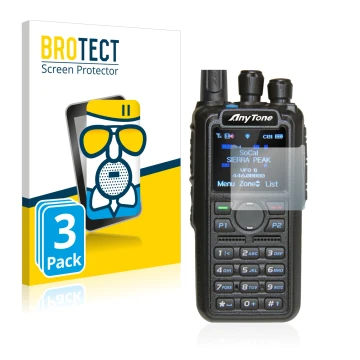 Parte frontal de un envase de producto con el logotipo de la marca BROTECT. Al lado se muestra el dispositivo AnyTone AT-D878U