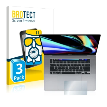 Parte frontal de un envase de producto con el logotipo de la marca BROTECT. Al lado se muestra el dispositivo Apple MacBook Pr