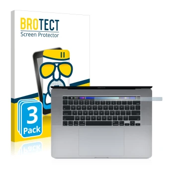 Parte frontal de un envase de producto con el logotipo de la marca BROTECT. Al lado se muestra el dispositivo Apple MacBook Pr