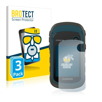 Parte frontal de un envase de producto con el logotipo de la marca BROTECT. Al lado se muestra el dispositivo Garmin eTrex 22x