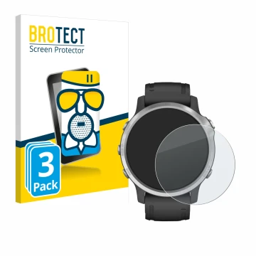 Parte frontal de un envase de producto con el logotipo de la marca BROTECT. Al lado se muestra el dispositivo Garmin Fenix 6S 