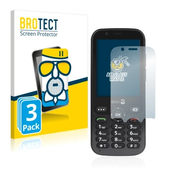 Parte frontal de un envase de producto con el logotipo de la marca BROTECT. Al lado se muestra el dispositivo Doro 7010 con su