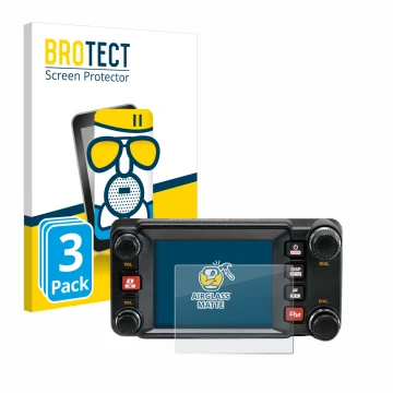 Parte frontal de un envase de producto con el logotipo de la marca BROTECT. Al lado se muestra el dispositivo Yaesu FTM-400XDR