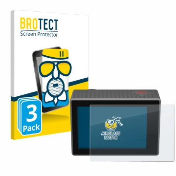 Parte frontal de un envase de producto con el logotipo de la marca BROTECT. Al lado se muestra el dispositivo Akaso V50 Elite 