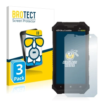 Parte frontal de un envase de producto con el logotipo de la marca BROTECT. Al lado se muestra el dispositivo SkyCaddie SX500 