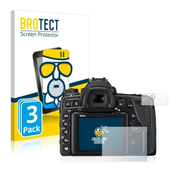 Parte frontal de un envase de producto con el logotipo de la marca BROTECT. Al lado se muestra el dispositivo Nikon D780 con s