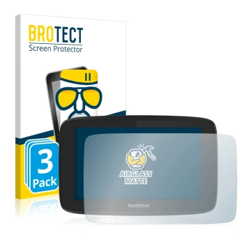 Parte frontal de un envase de producto con el logotipo de la marca BROTECT. Al lado se muestra el dispositivo TomTom Go Profes