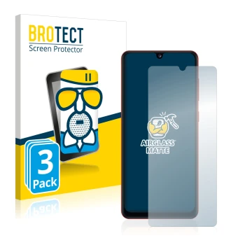 Parte frontal de un envase de producto con el logotipo de la marca BROTECT. Al lado se muestra el dispositivo Samsung Galaxy A